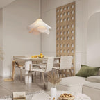 Ethereal Bloom plug-in pendant light angled view with gold body above the white shade