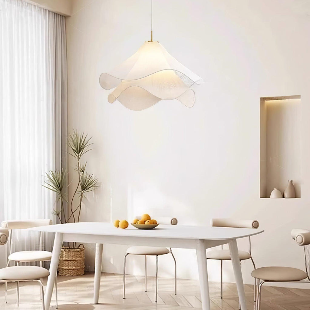 Ethereal Bloom plug-in pendant light unlit, highlighting the soft white fabric texture