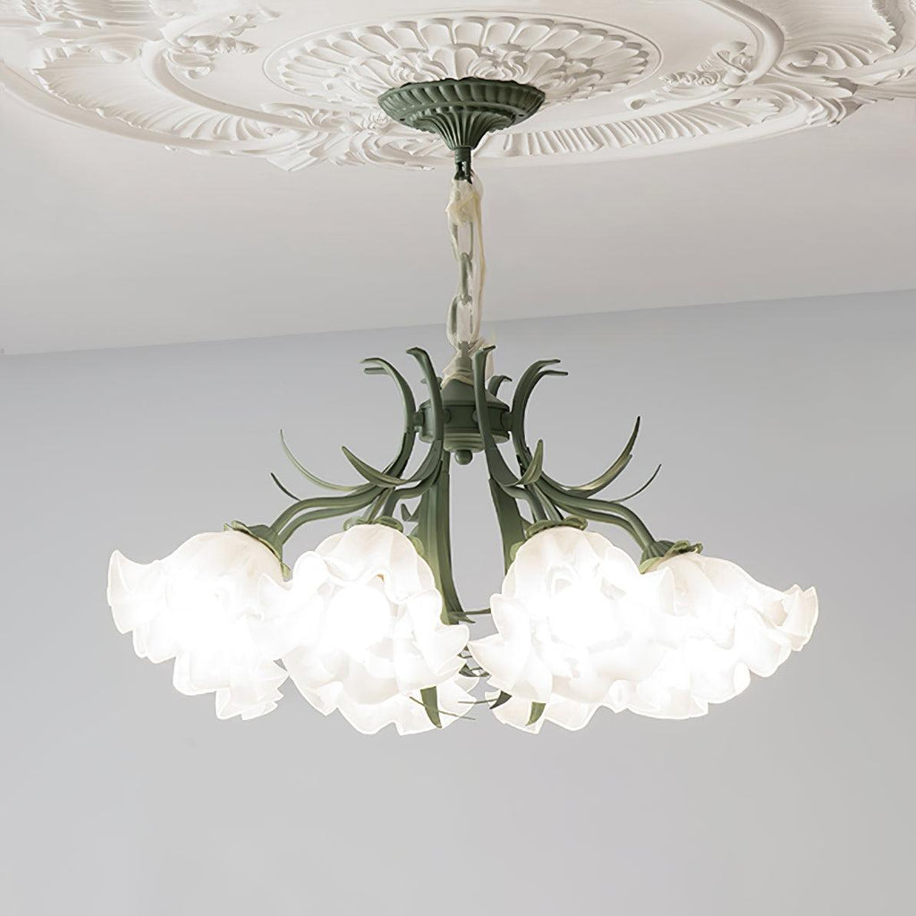 On a grey backdrop with its ceiling medallion mount, this Clérachic chandelier's arms spread into a wide fan of unlit blooms.