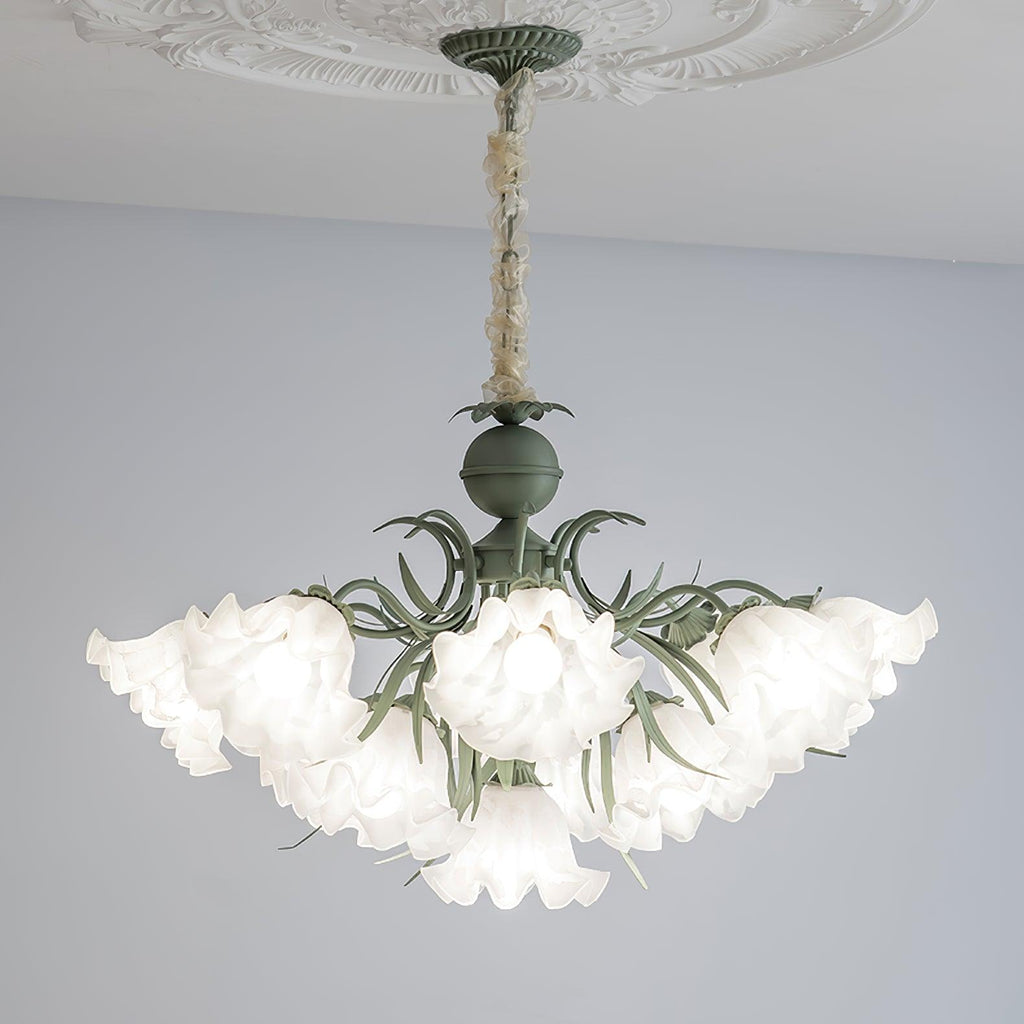 On a grey backdrop, this Clérachic chandelier's shades fan out unlit, showing its green metal frame in full.