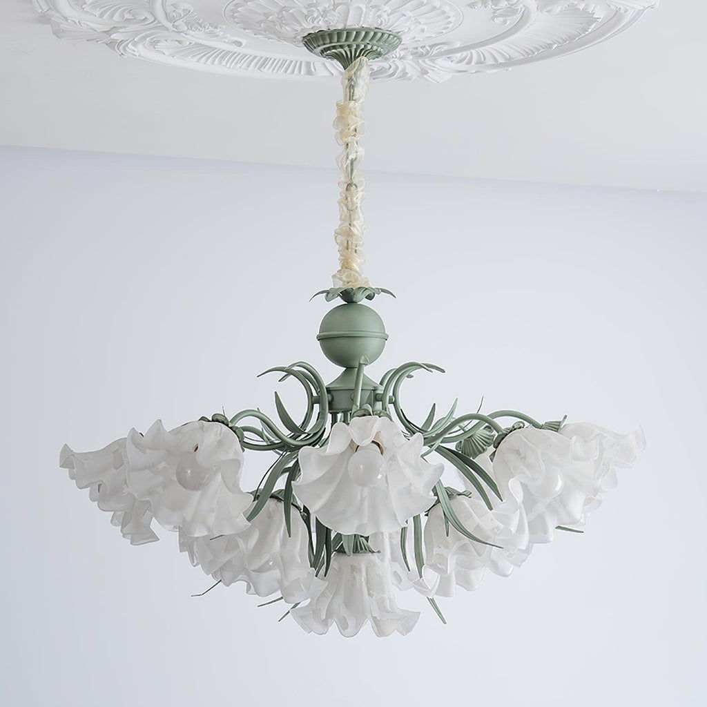 Against a bright white backdrop, this Clérachic chandelier's unlit shades spread in a wide ring.