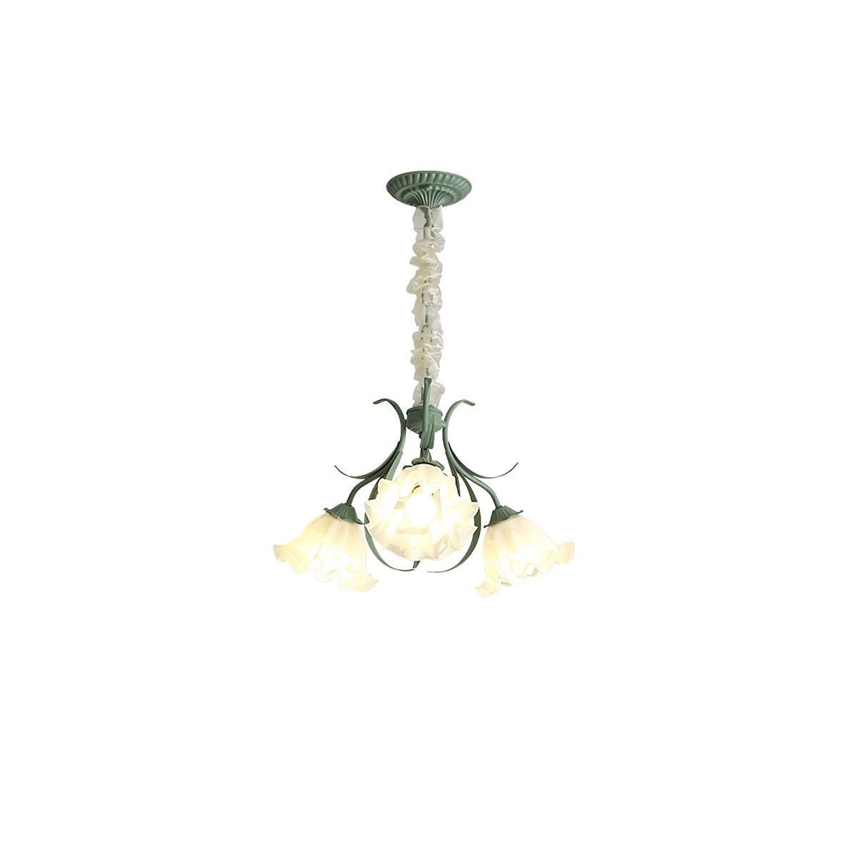 On a plain white backdrop, this Clérachic chandelier hangs unlit, its cluster of shades bunched close together.