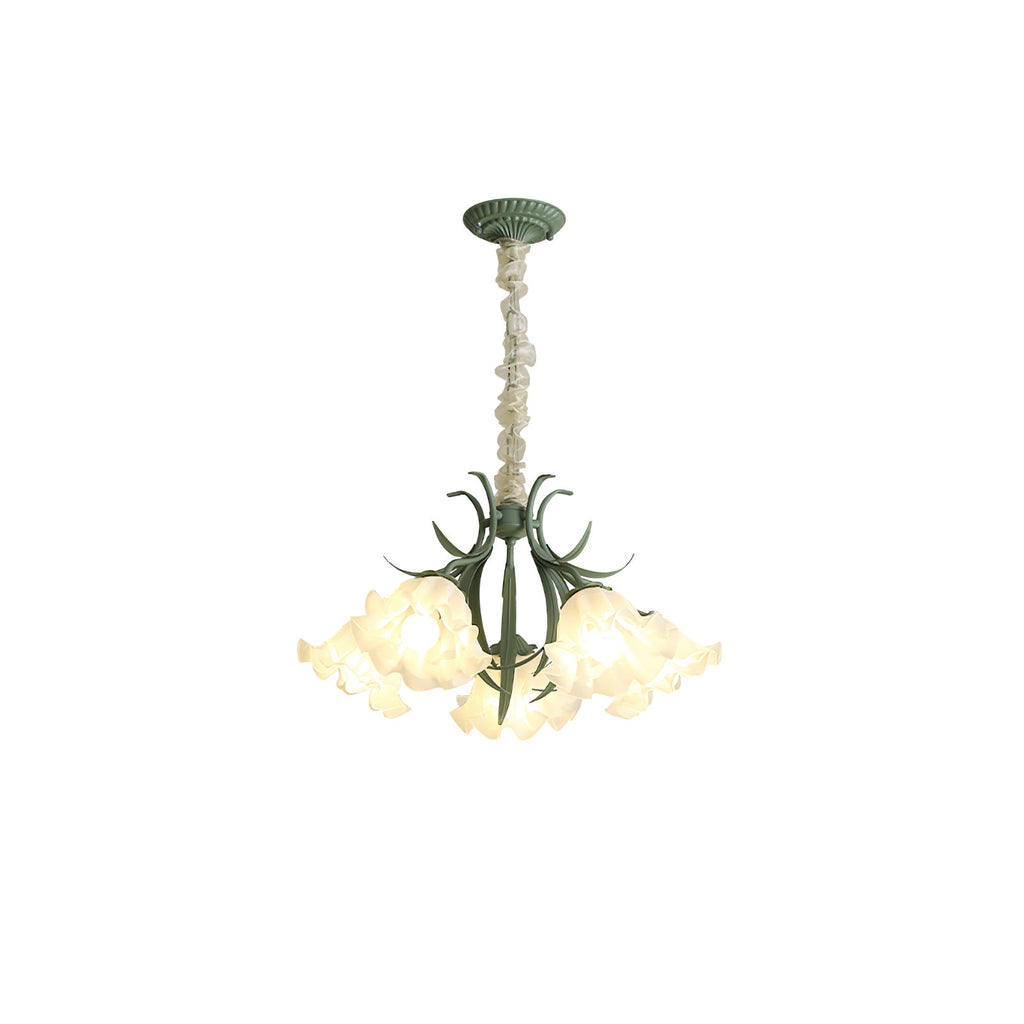 Against a white backdrop with its full chain shown, this Clérachic chandelier glows warm from its shades.
