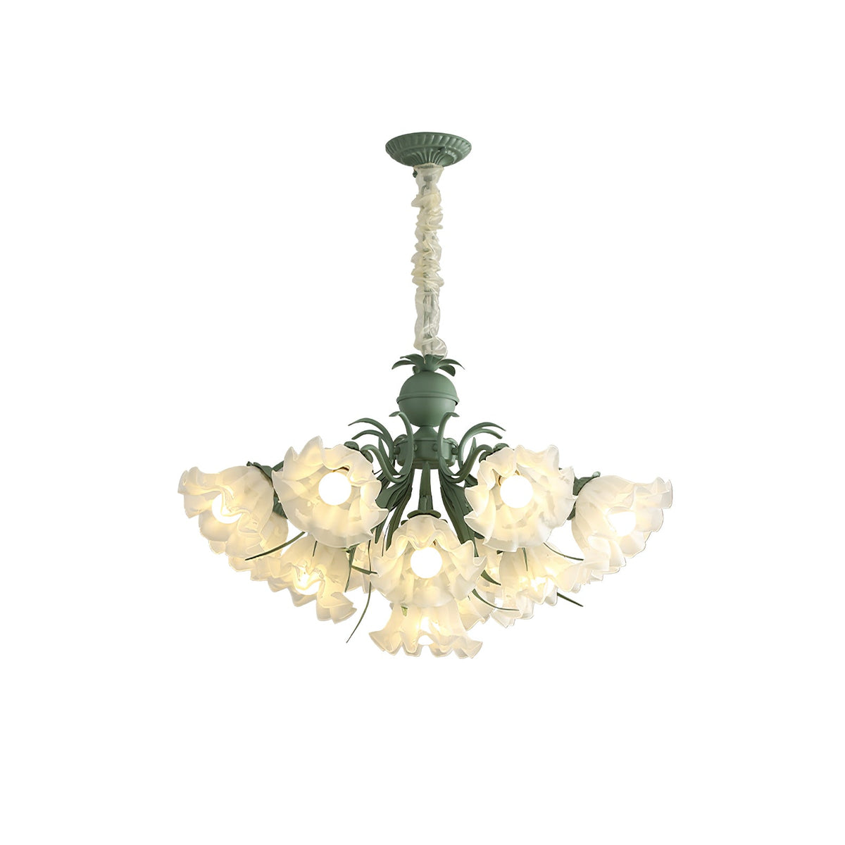 Against a white backdrop with its full chain shown, this Clérachic chandelier's many shades glow warm gold.