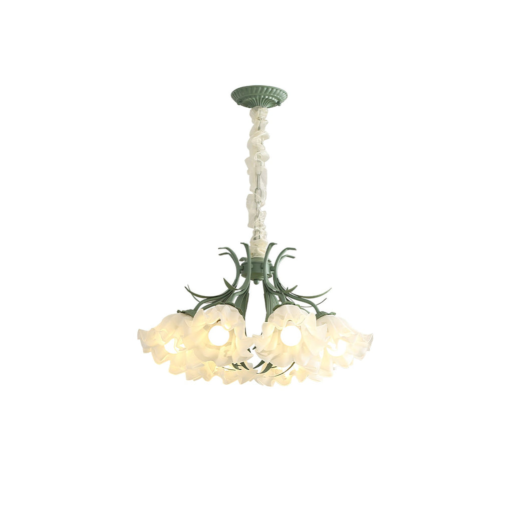 Against a white backdrop with its full chain shown, this Clérachic chandelier's shades spread wide, unlit.