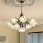 Mounted on a plaster ceiling medallion in a beige room, this Clérachic chandelier lights the space from above.