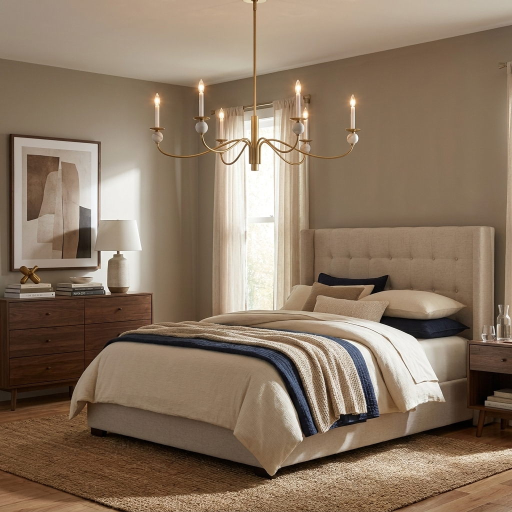 Lit beside a tan upholstered headboard, this Clérachic chandelier in brushed brass hangs near a wood dresser and sheer curtain.