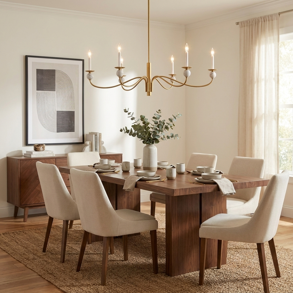 Above a wood dining table with a vase of eucalyptus, this Clérachic chandelier in brushed brass lights a room with framed art and sheer curtains.