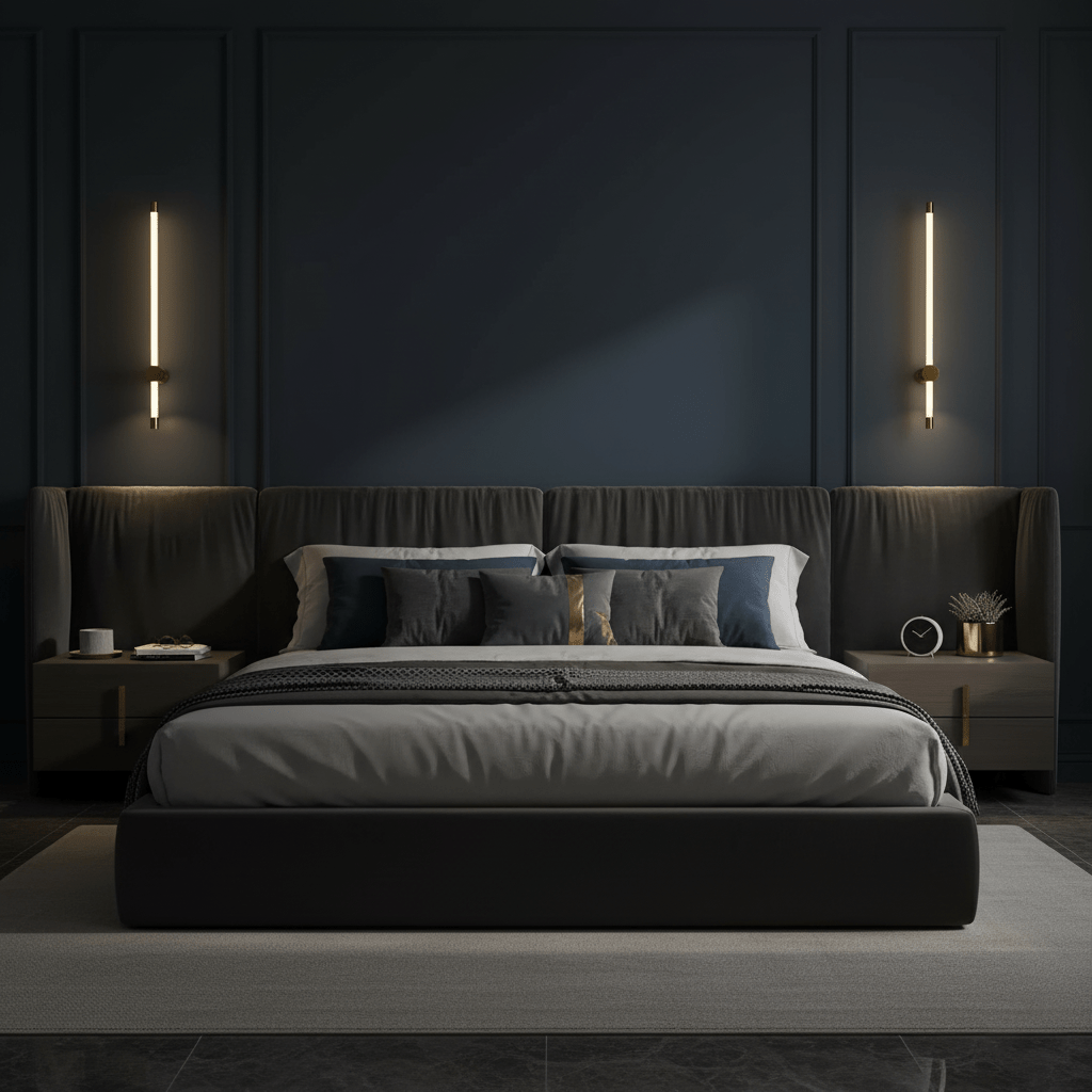 Black linear LED wall sconce shown as a graphic vertical line