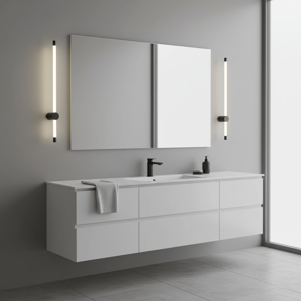 Black linear LED wall sconce glowing evenly top to bottom