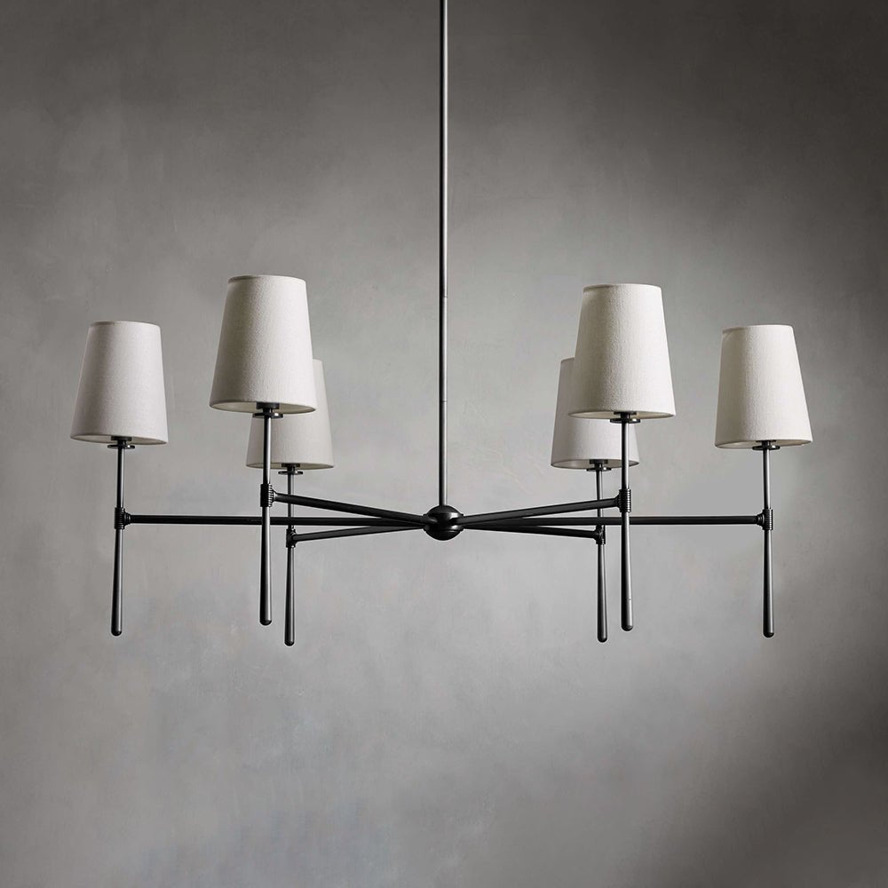 Five-Light Linear Chandelier, Sloped Tapered Shades, Metal Fixture
