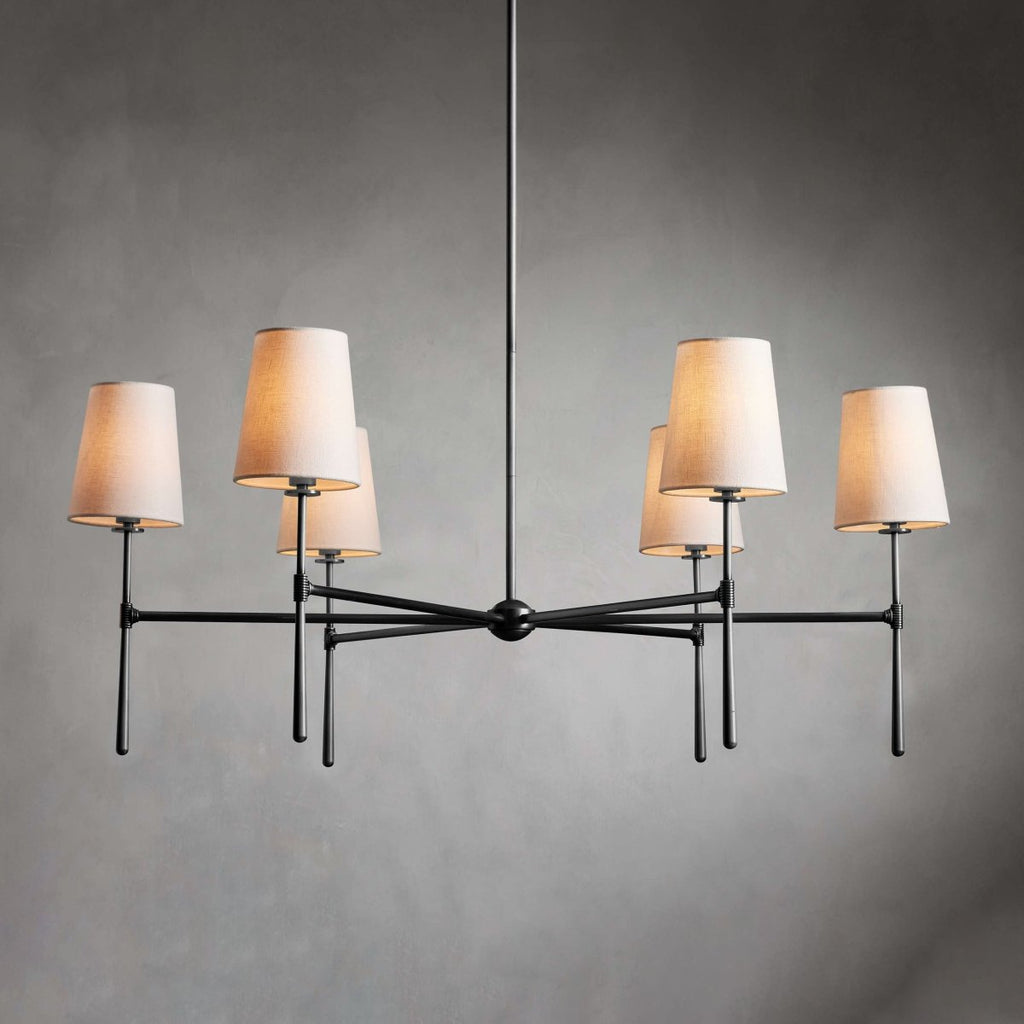 Five-Light Linear Chandelier, Sloped Tapered Shades, Metal Fixture