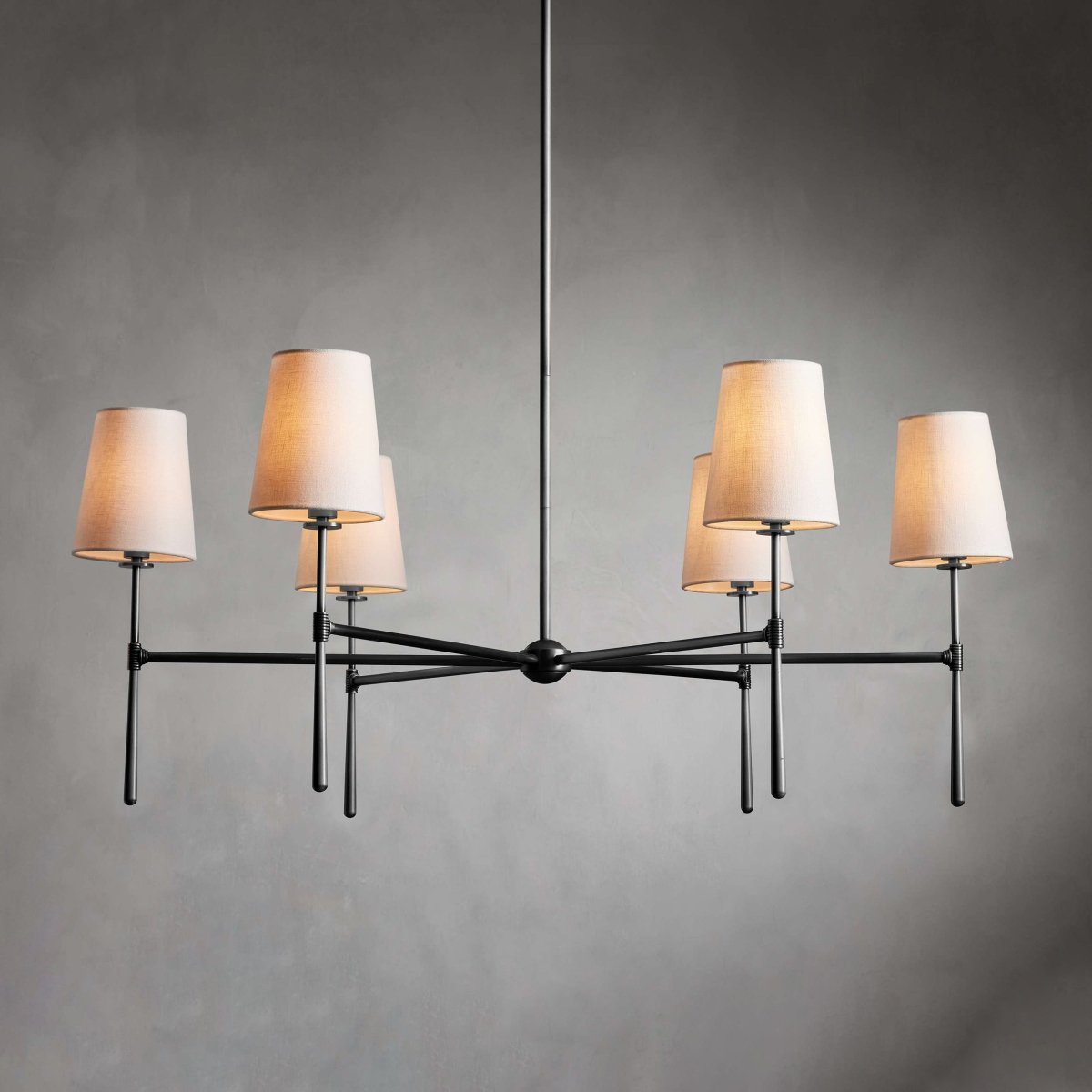 Five-Light Linear Chandelier, Sloped Tapered Shades, Metal Fixture