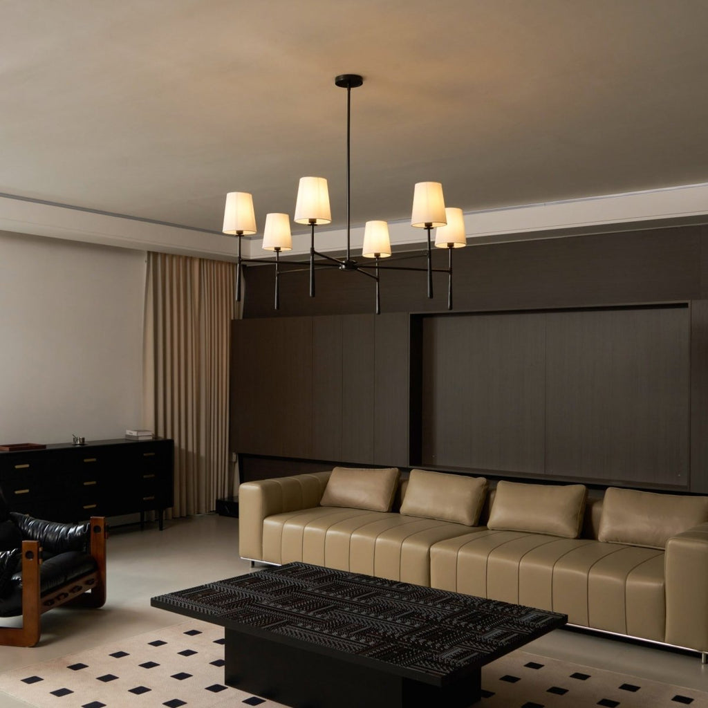 Five-Light Linear Chandelier, Sloped Tapered Shades, Metal Fixture