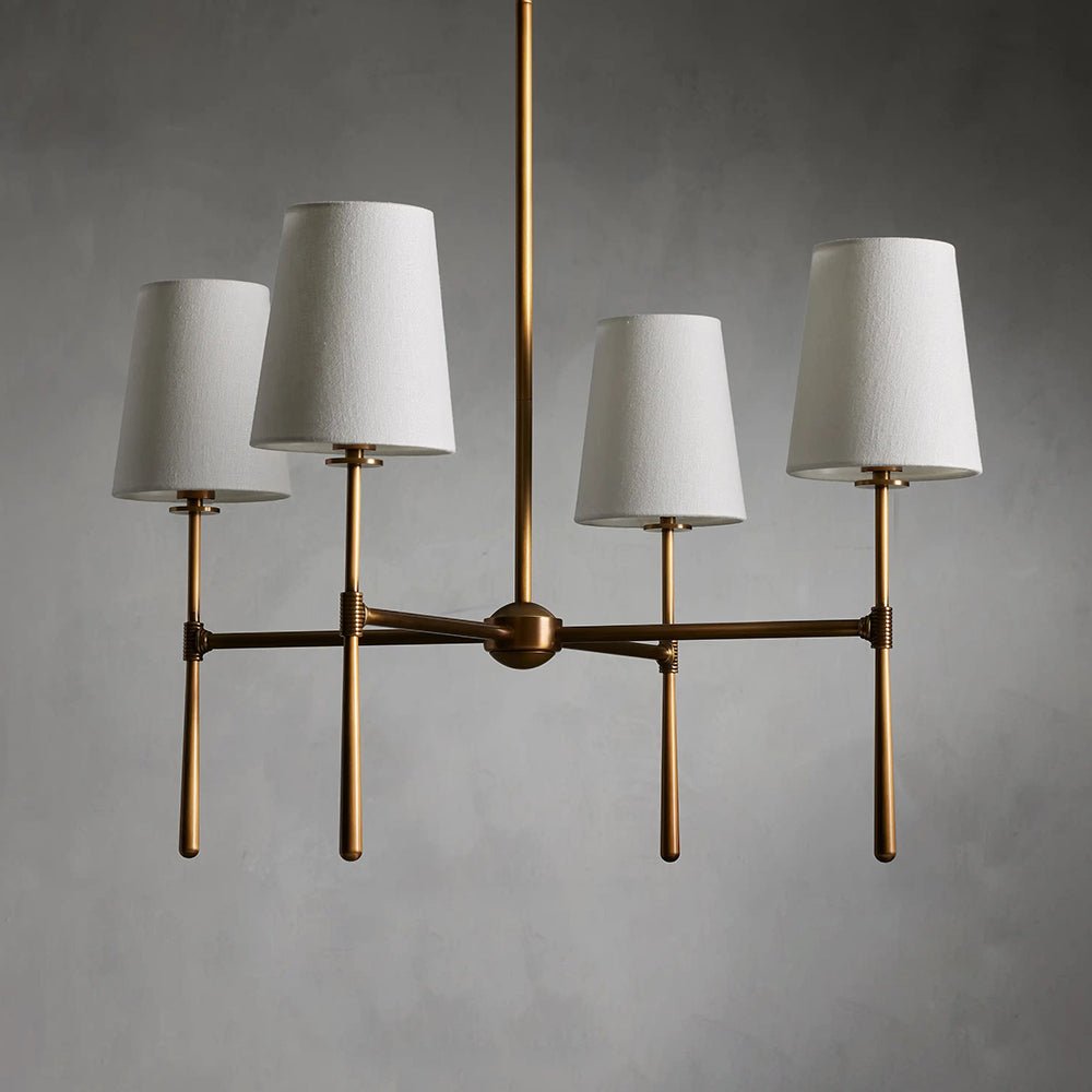 Five-Light Linear Chandelier, Sloped Tapered Shades, Metal Fixture