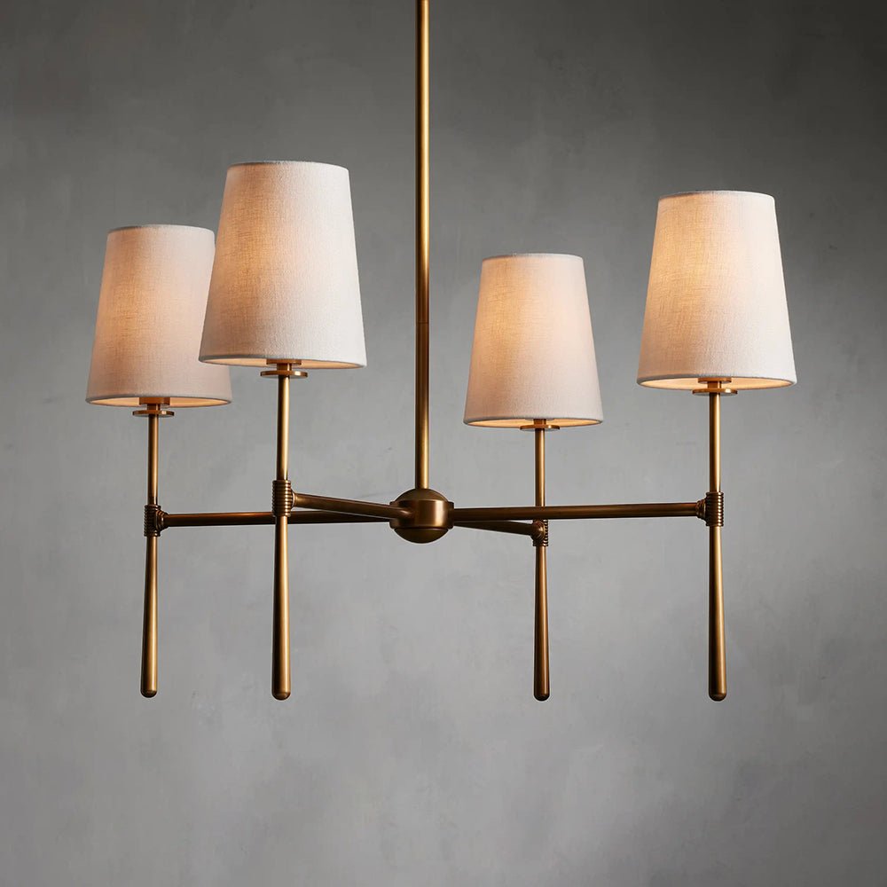 Five-Light Linear Chandelier, Sloped Tapered Shades, Metal Fixture