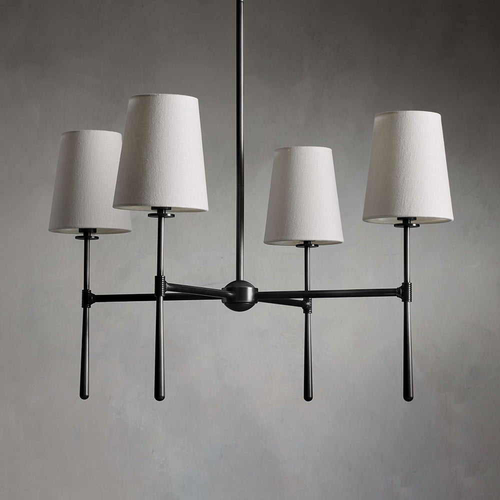 Five-Light Linear Chandelier, Sloped Tapered Shades, Metal Fixture