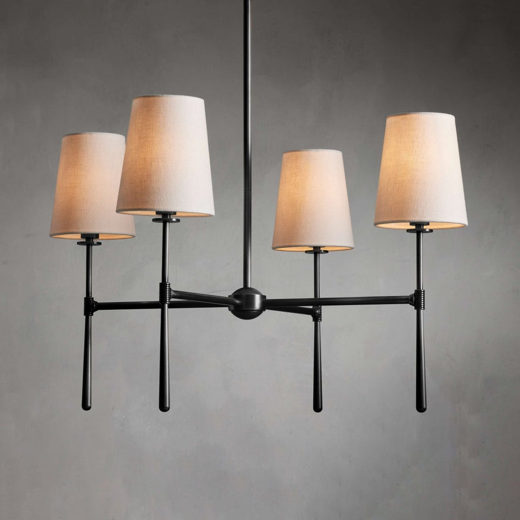 Five-Light Linear Chandelier, Sloped Tapered Shades, Metal Fixture