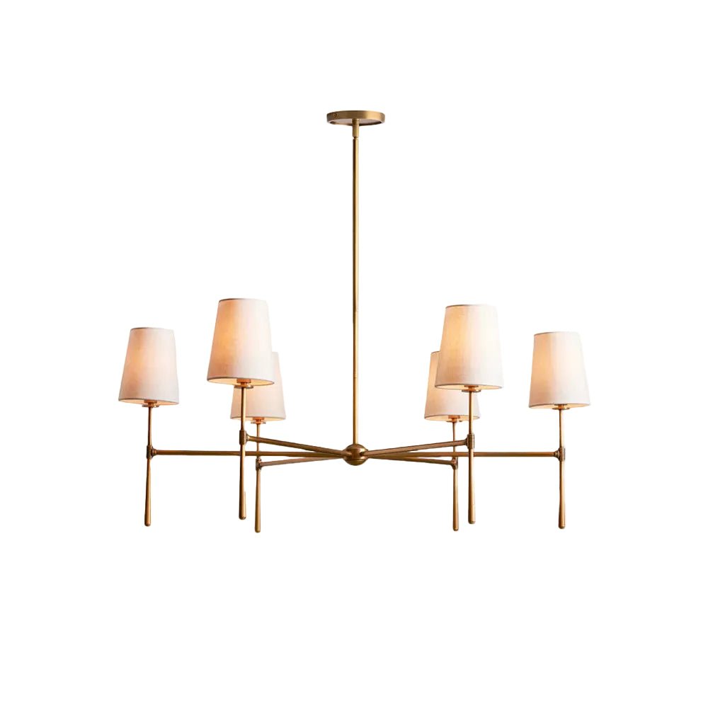 Five-Light Linear Chandelier, Sloped Tapered Shades, Metal Fixture