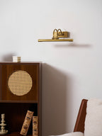 Linear LED vanity bar in dark bronze with brass end caps