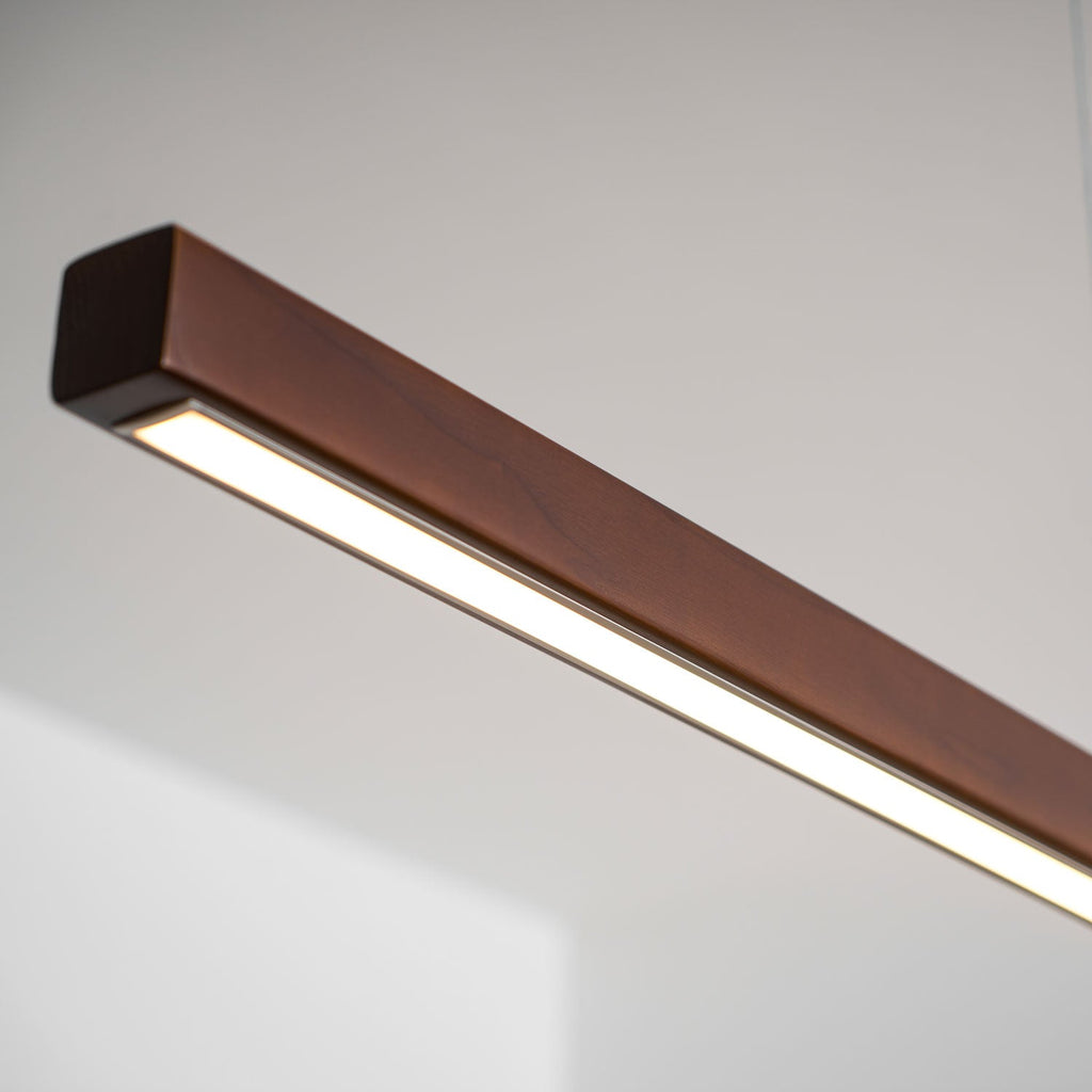 Linear wooden pendant light product view with wood finish