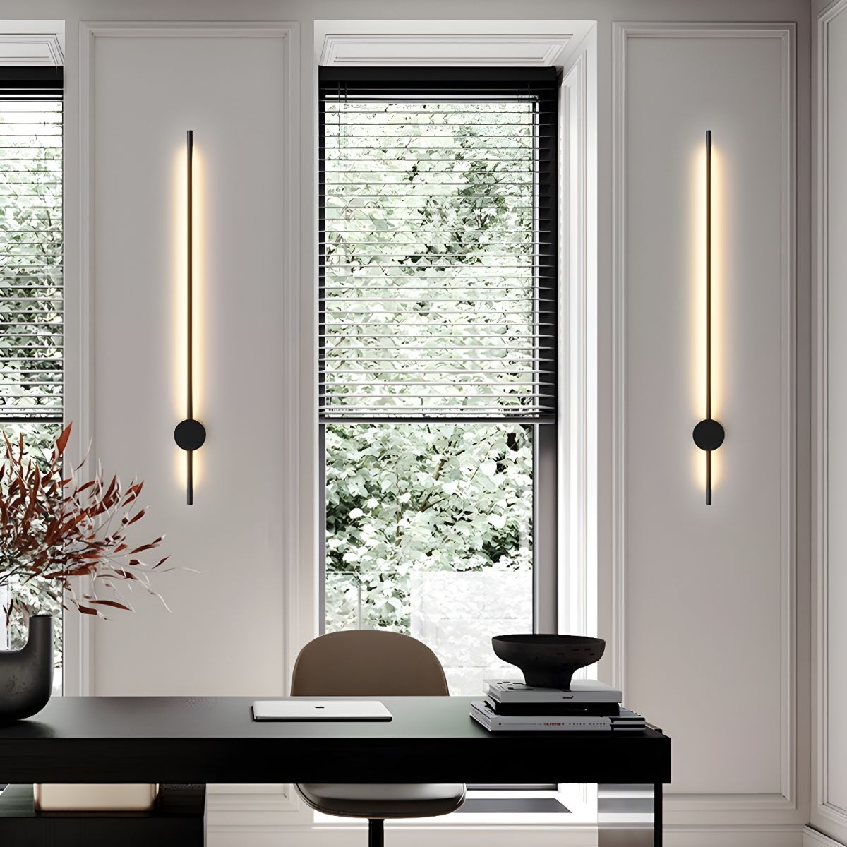 Black linear LED tube wall light shown in graphic minimal detail