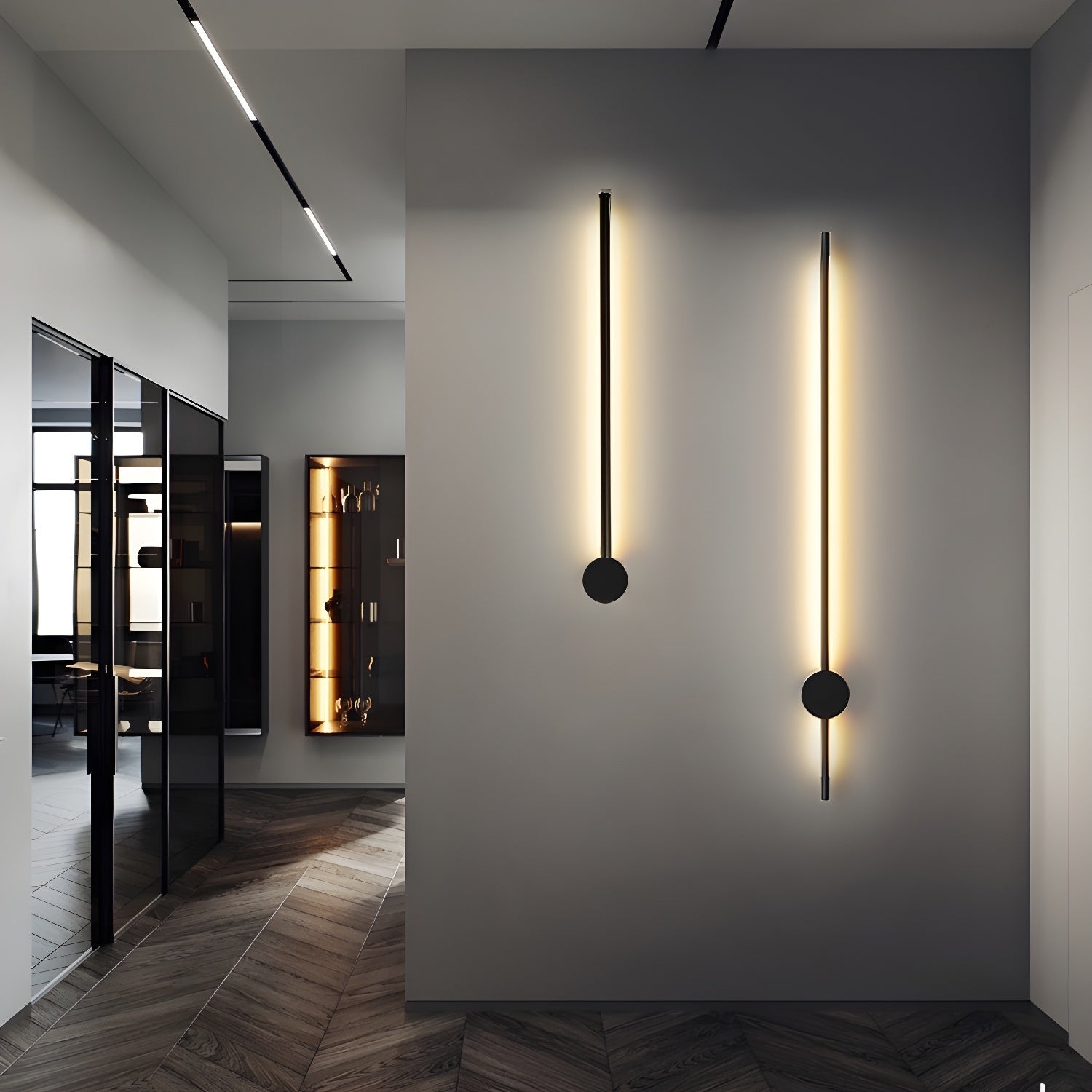 Black linear LED wall light shown as a graphic minimal line
