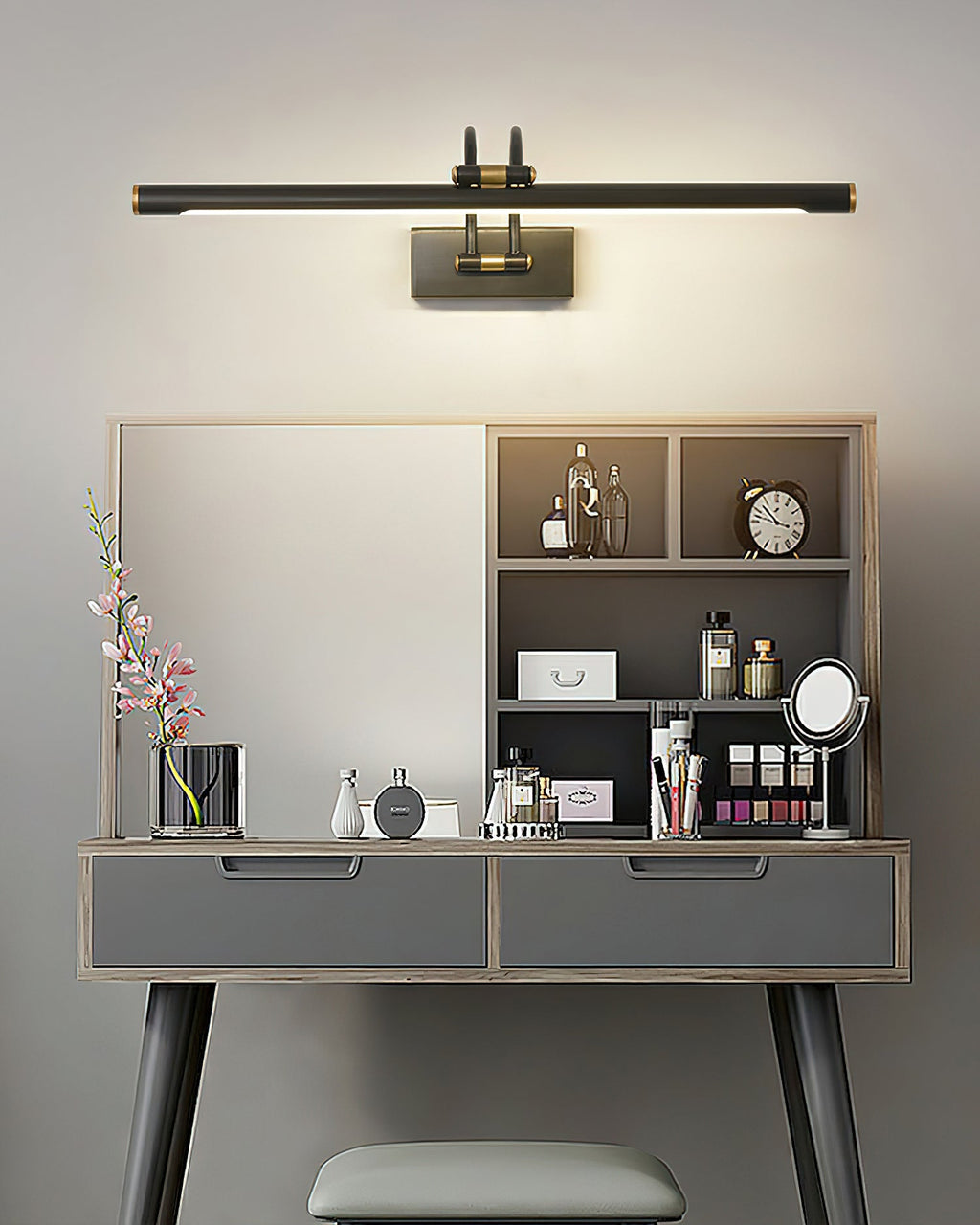 Linear LED vanity bar mounted horizontally above a mirror