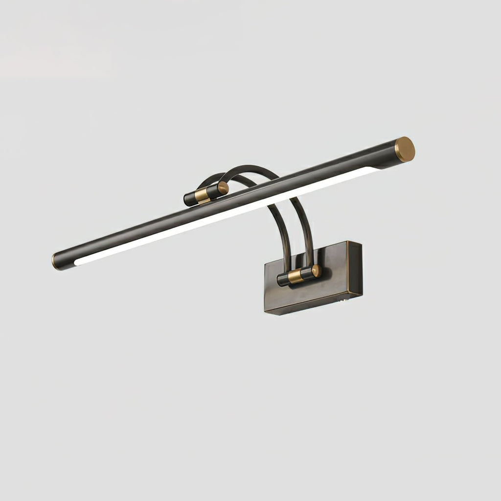 Slim LED vanity bar with brushed brass accents over a bathroom mirror
