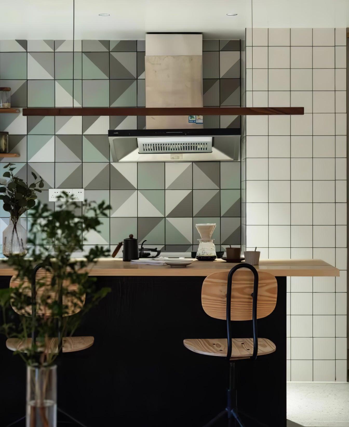 Wooden linear pendant light shown end-on with wood finish