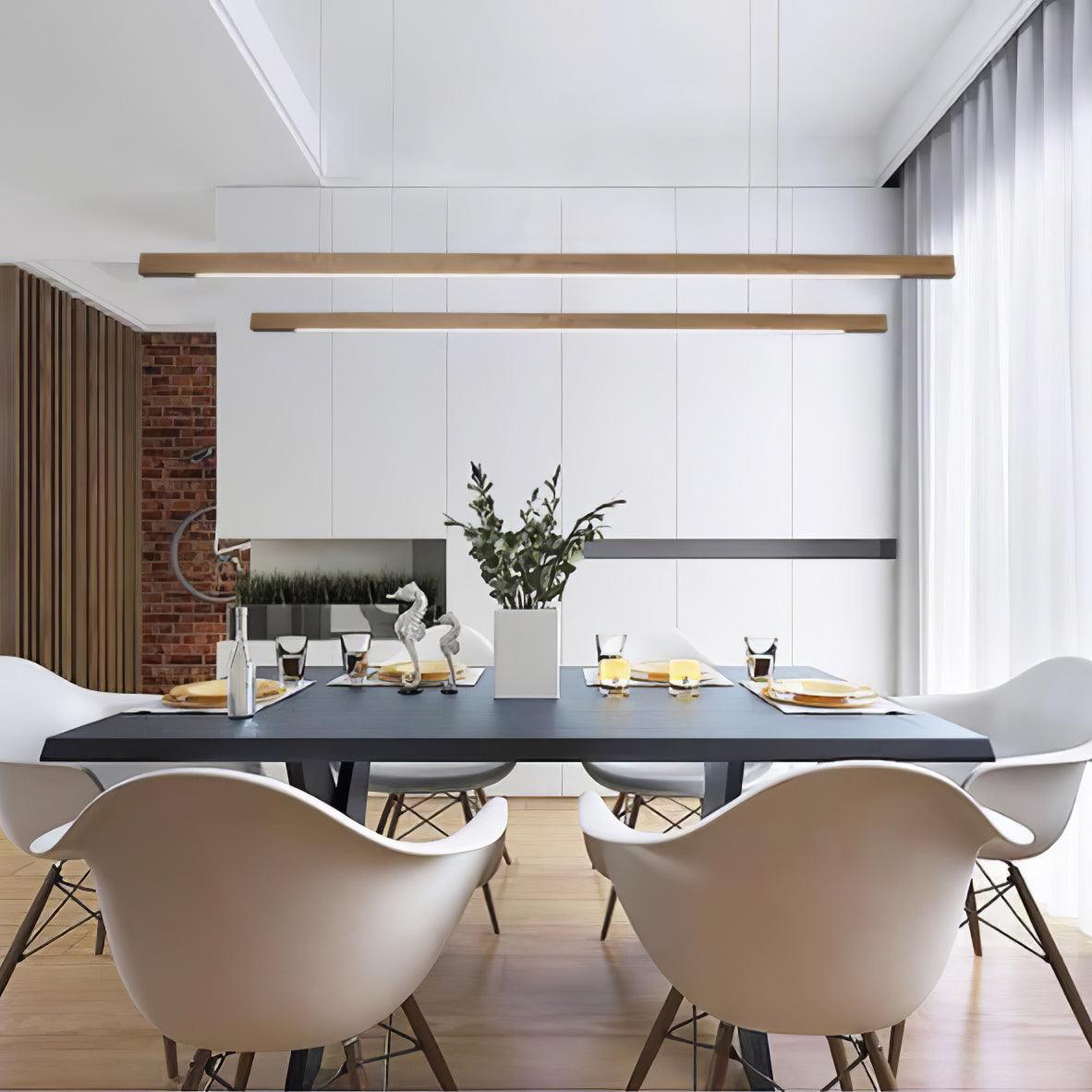 Wooden linear pendant light detail showing warm wood grain