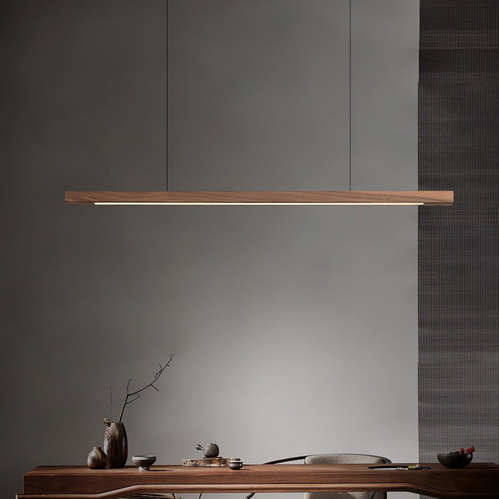 Linear wooden pendant light with natural wood grain finish