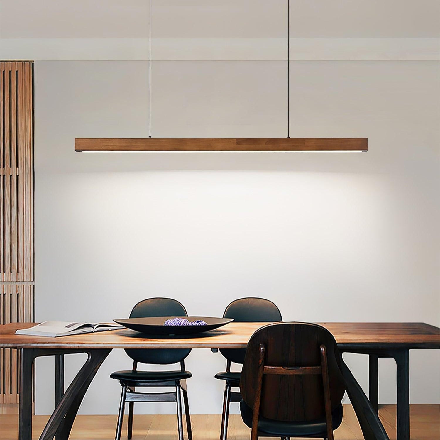 Linear wooden pendant light detail of the slim wood body