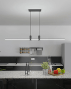 Linear bar pendant light close detail of the lit underside