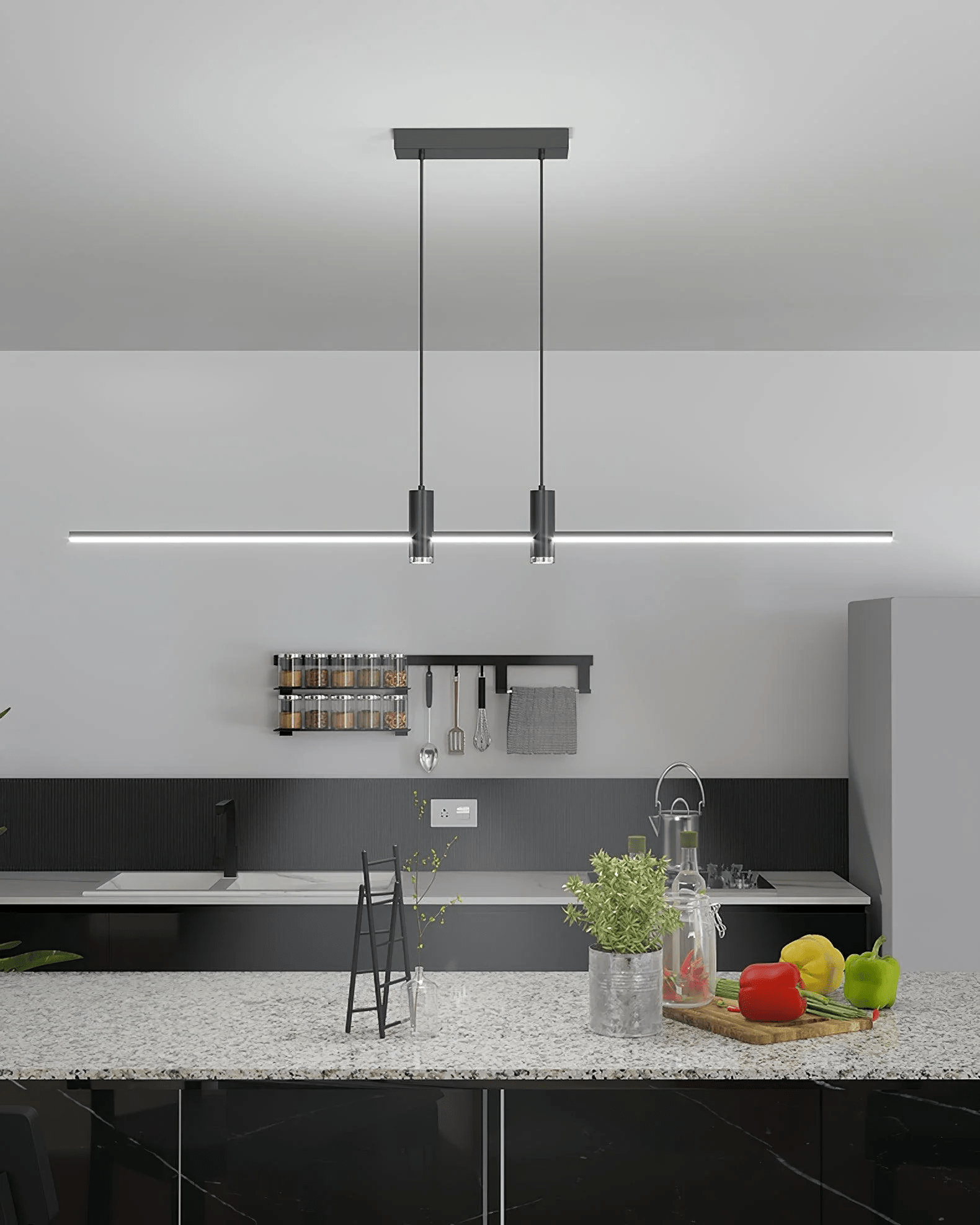 Linear bar pendant light close detail of the lit underside