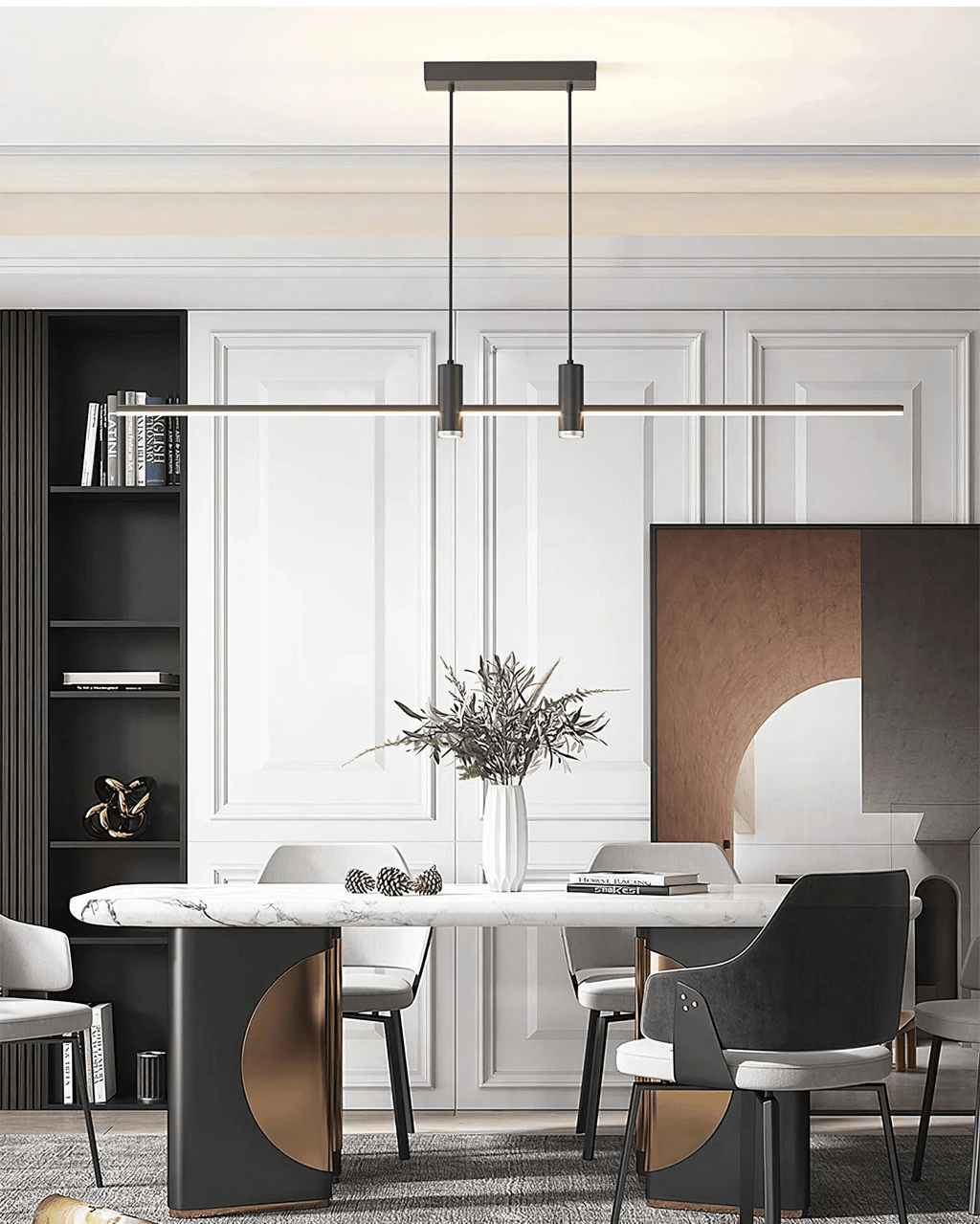 Linear bar pendant light suspended over a counter worktop