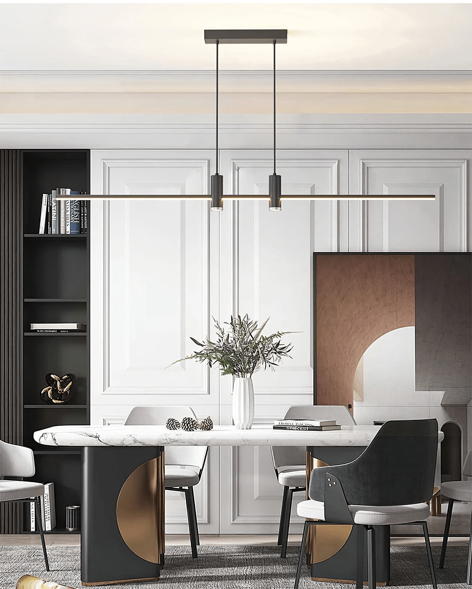 Linear bar pendant light suspended over a counter worktop