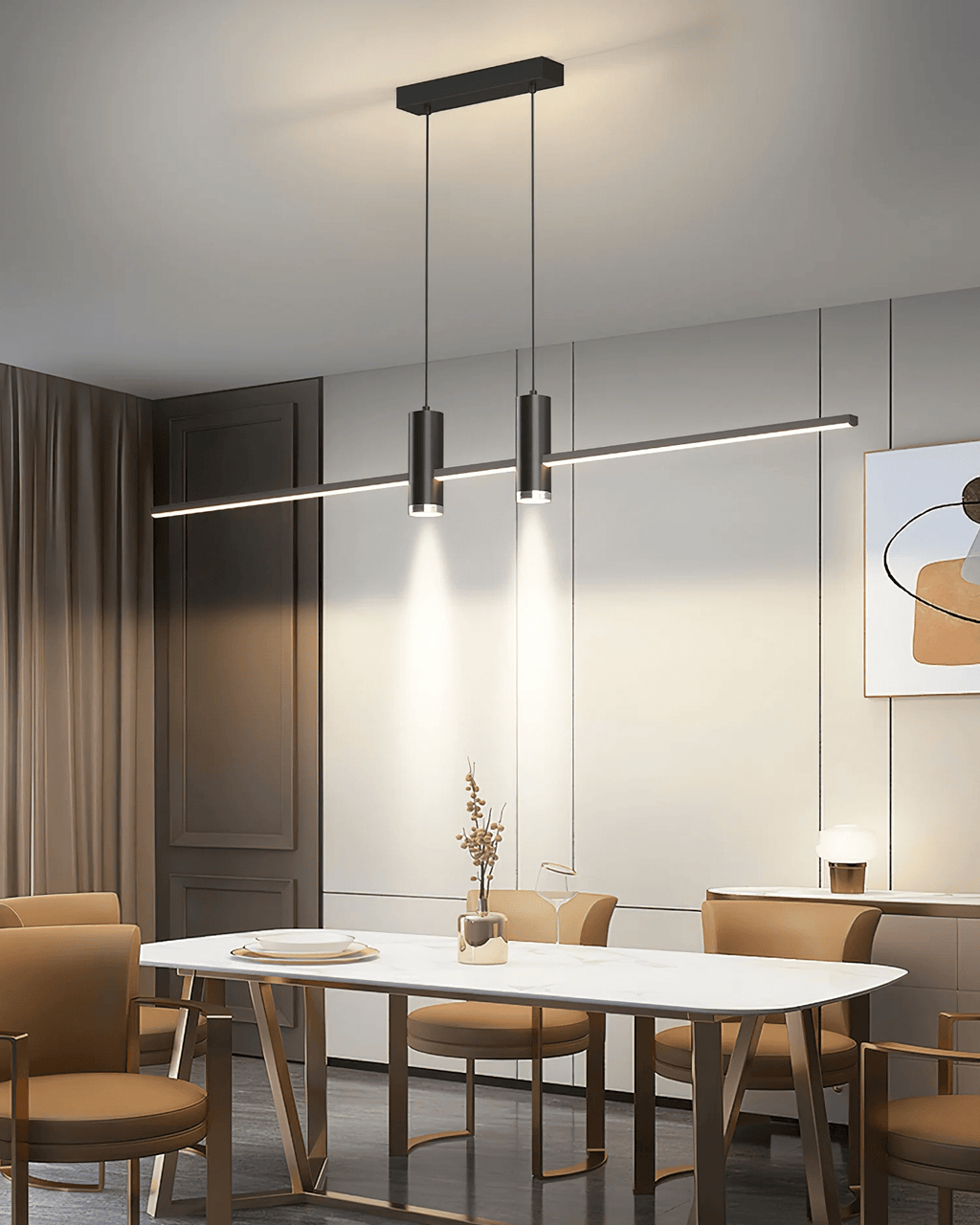 Linear bar pendant light glowing in a contemporary interior