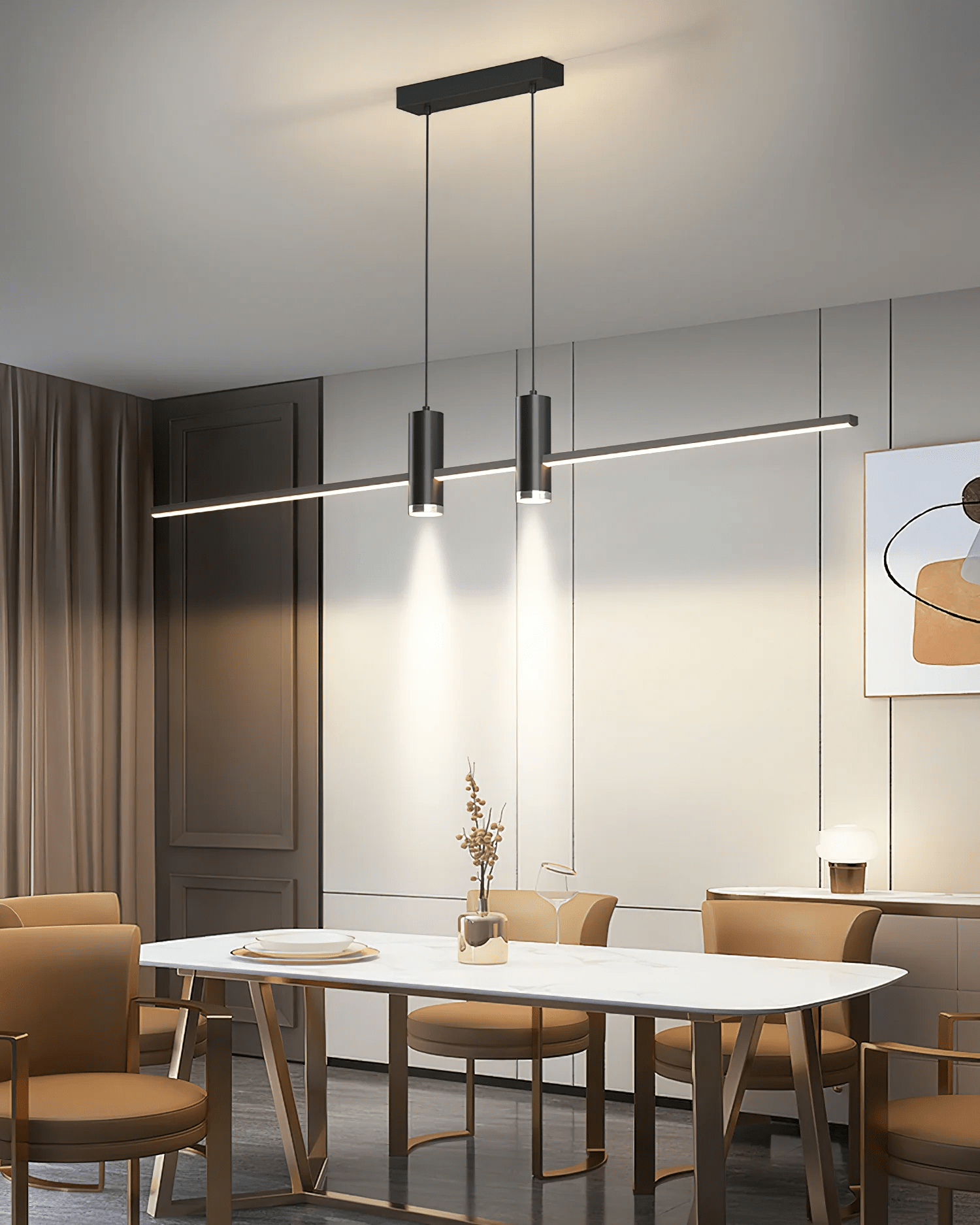 Linear bar pendant light glowing in a contemporary interior