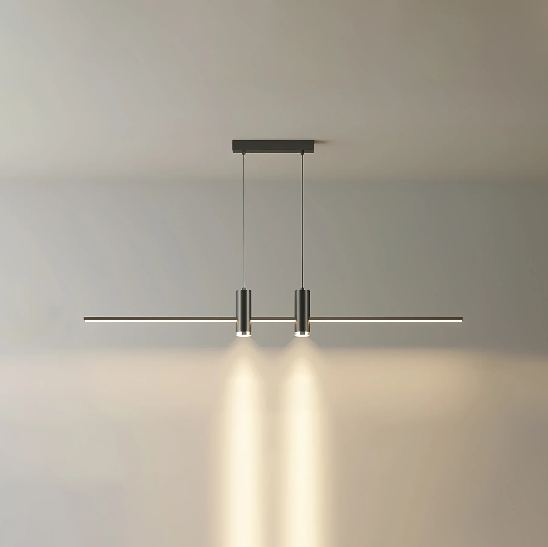 Slim linear bar pendant light suspended above a dining table