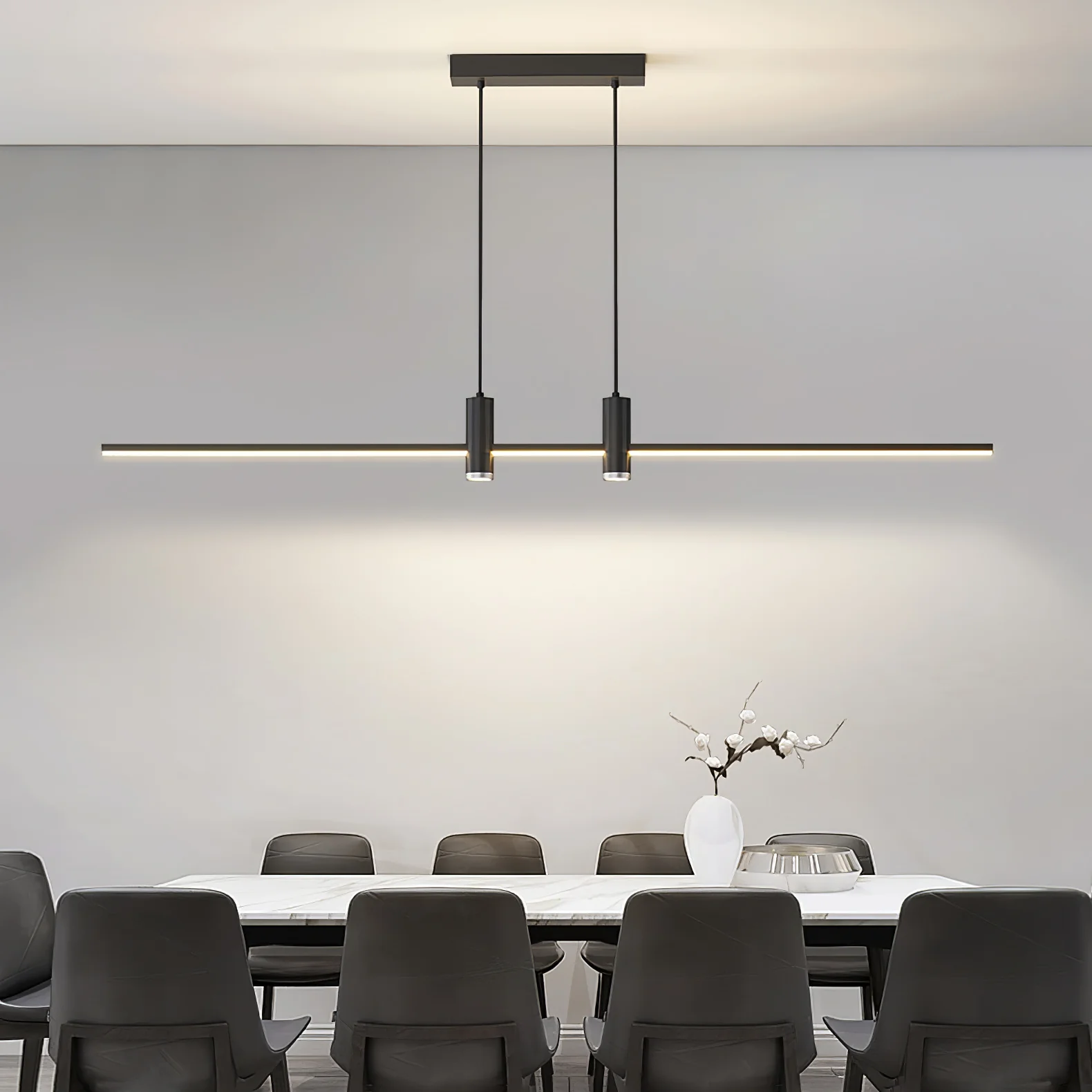 Linear bar pendant light product view with even LED glow