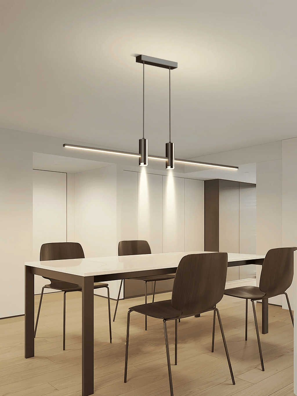 Linear bar pendant light slim form lit warmly from within
