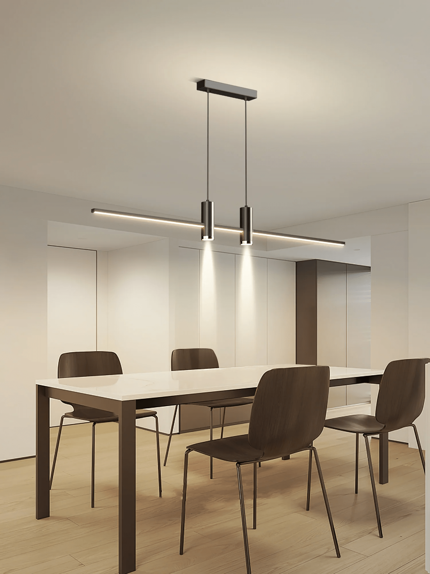 Linear bar pendant light slim form lit warmly from within