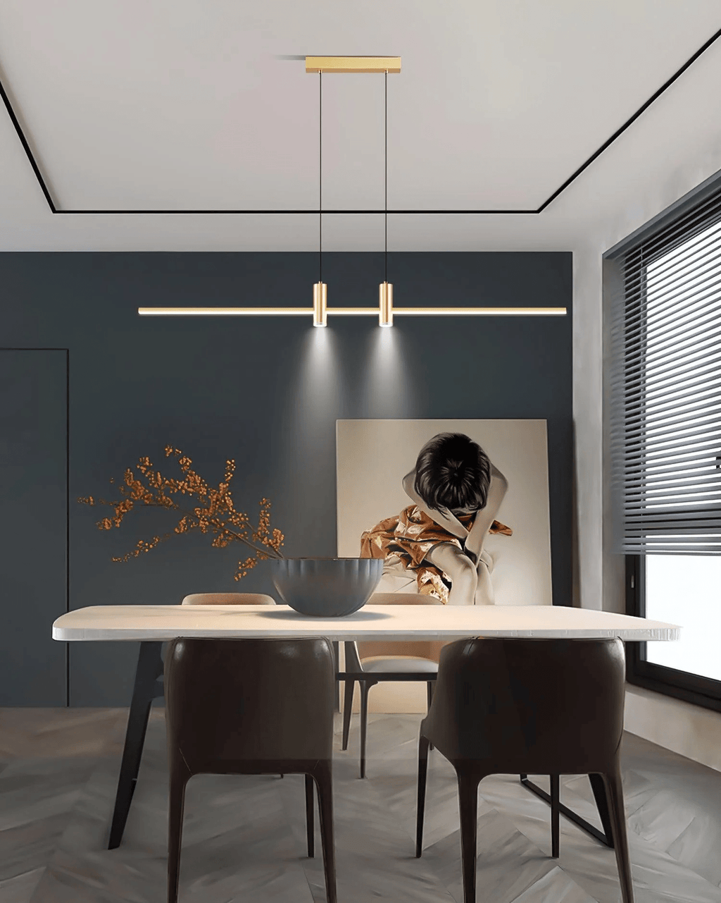 Linear bar pendant light angled view of the metal body