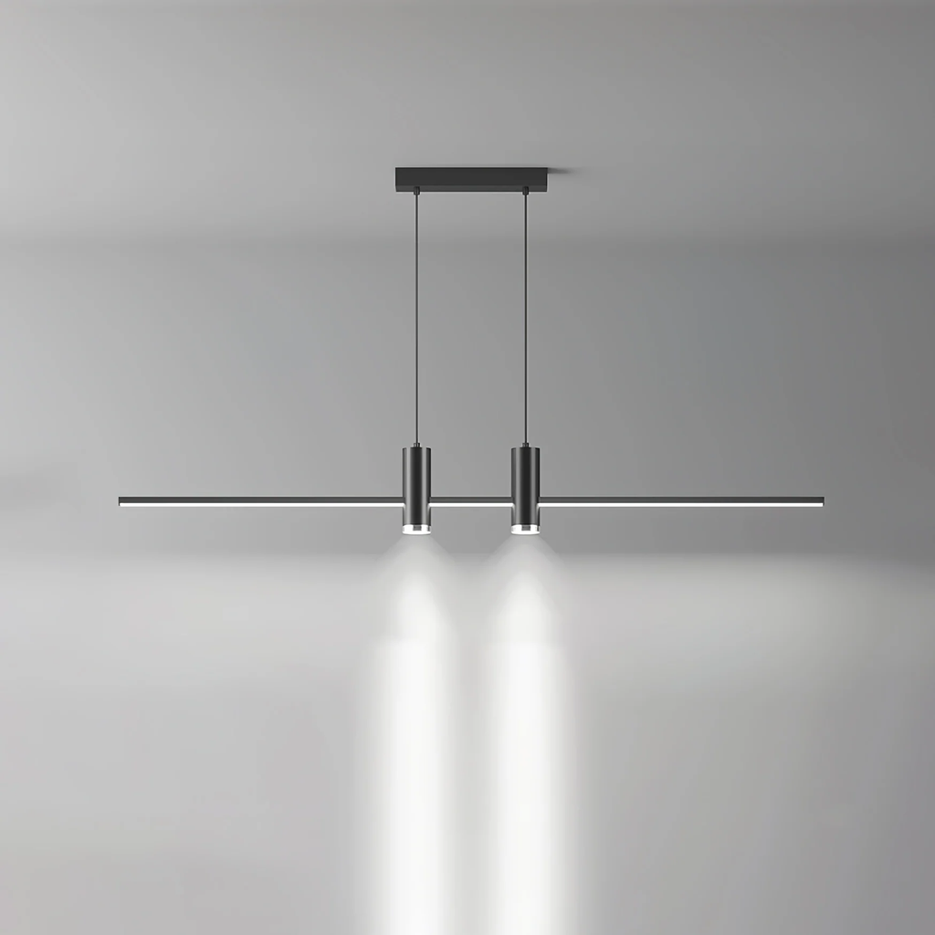 Linear bar pendant light shown lit against a plain wall