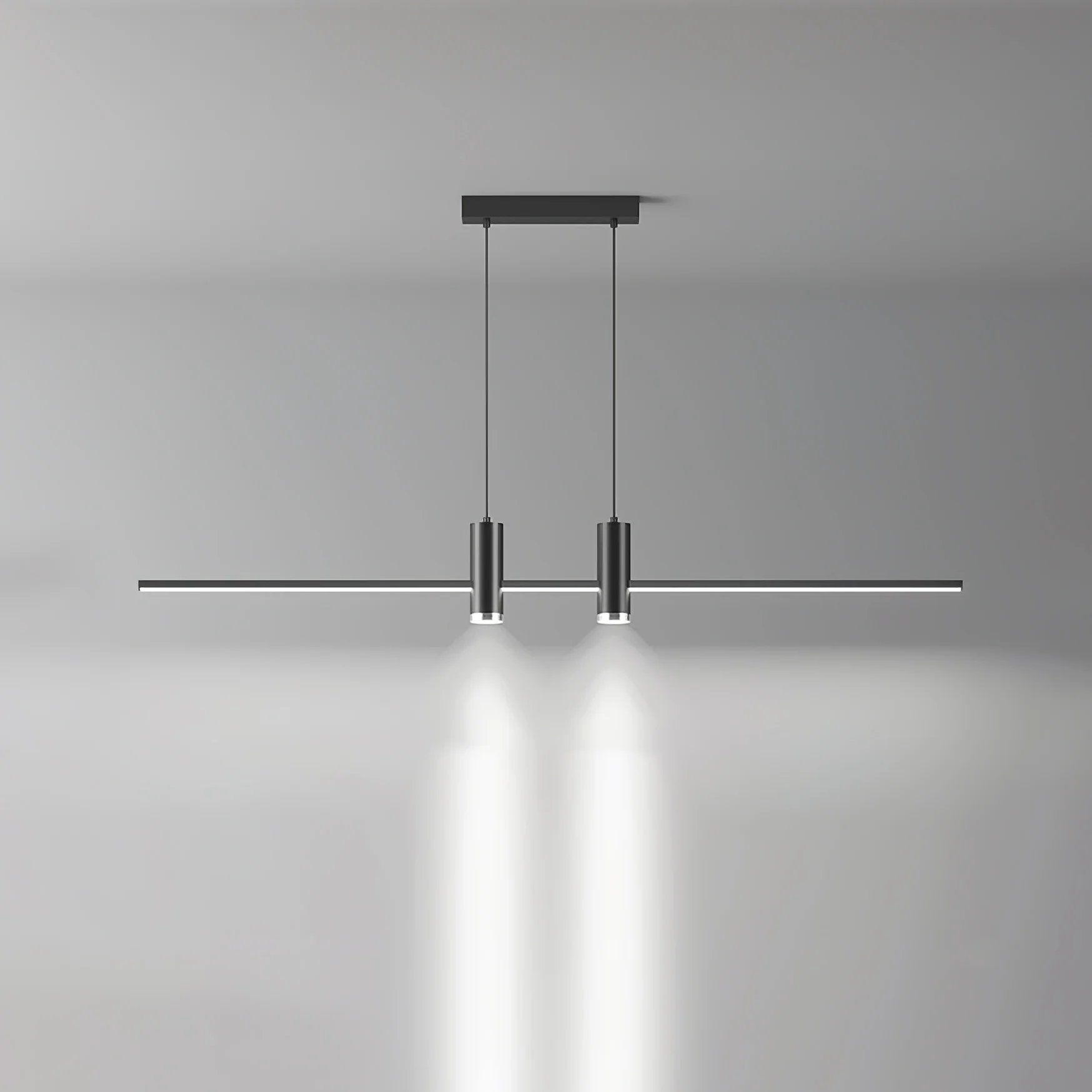 Linear bar pendant light shown lit against a plain wall