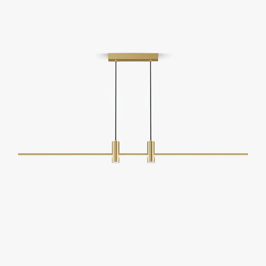 Linear bar pendant light casting soft light over a table