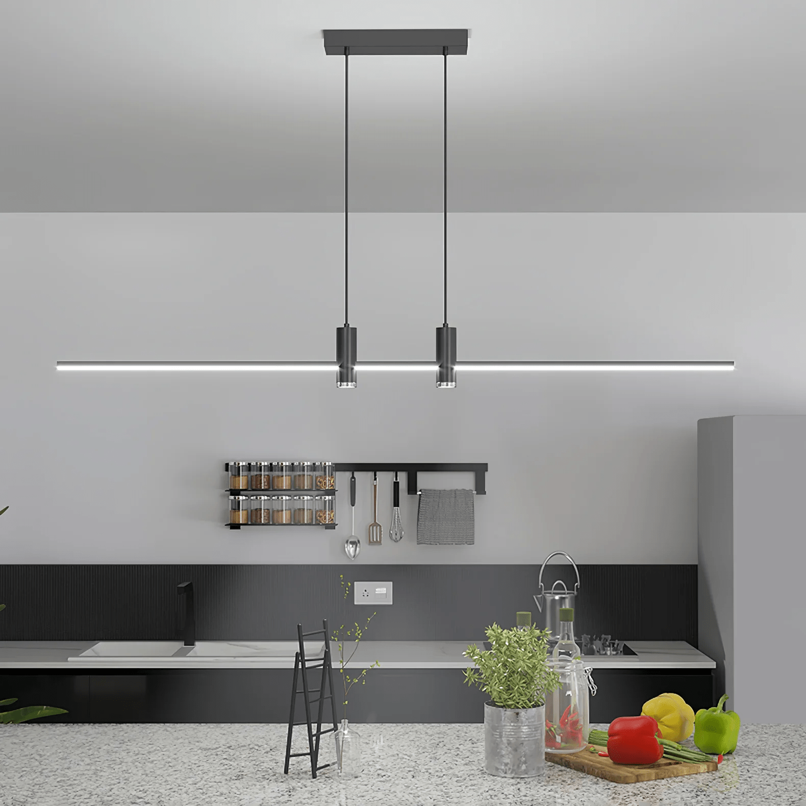 Linear bar pendant light architectural fixture in a styled room