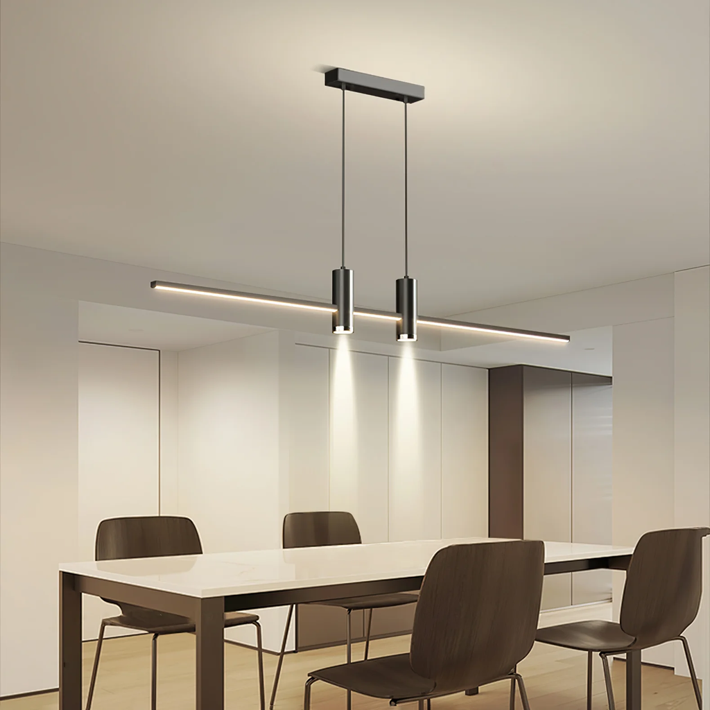 Linear bar pendant light fixture detail on a plain backdrop