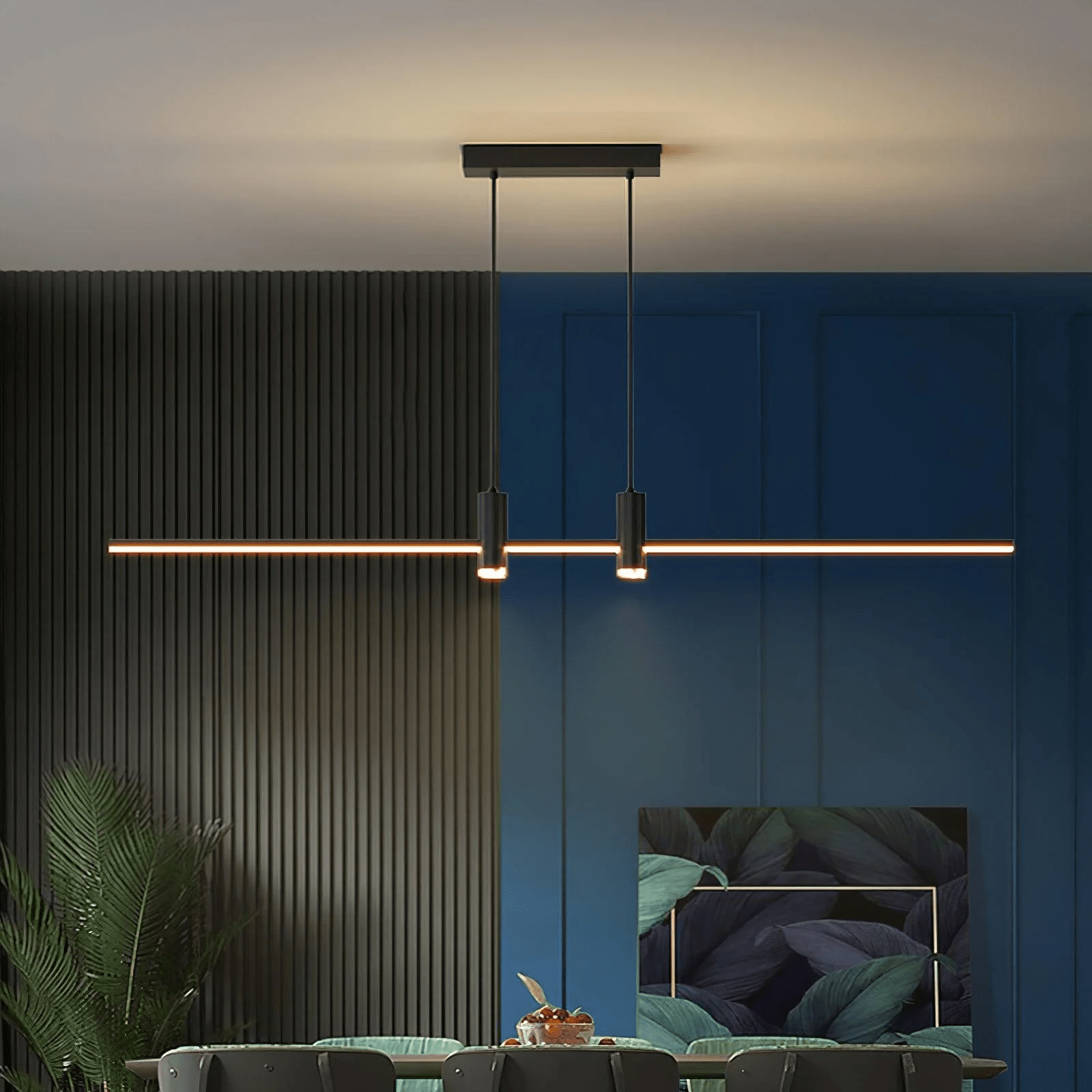 Linear bar pendant light shown end-on with slim profile